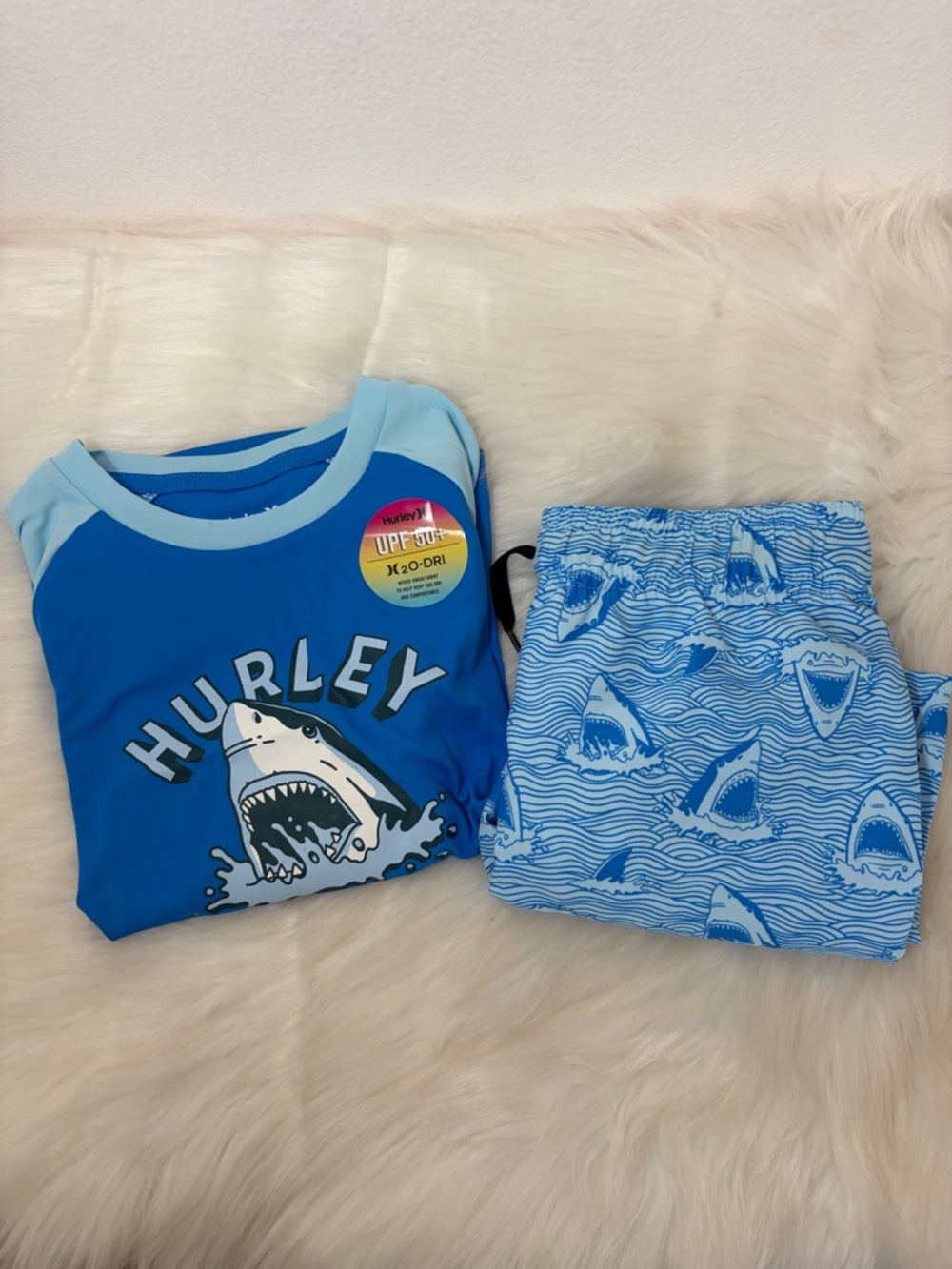 NWT Set Hurley UPF 50+ Blue Shark Short Sleeve Rash Guard Swim Shorts